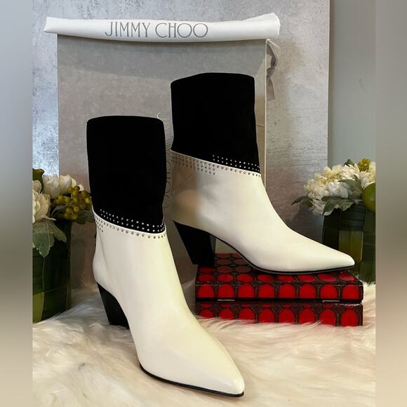 NEW Jimmy Choo Leather Suede Studded Timeless Two-Tone Crystal Bear 65 Bootie … - Picture 4 of 16